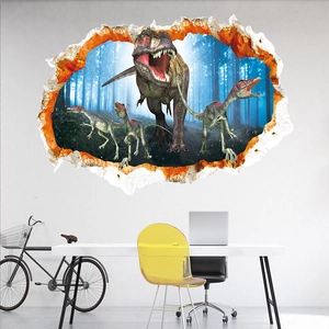 3D dinosaur wall sticker with T-Rex breaking through wall for realistic room decoration