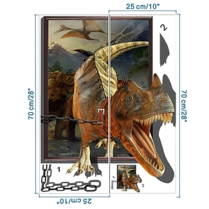 Detail view of 3D dinosaur wall sticker components with precise size dimensions shown