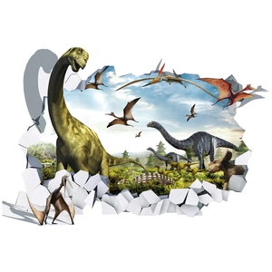 3D dinosaur wall sticker with T-Rex and Triceratops breaking through a white wall