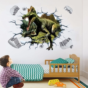 Detailed 3D Spinosaurus wall sticker with realistic wall break effect in kids room