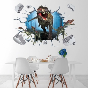 Detailed 3D dinosaur wall sticker showing T-Rex breaking through wall in a modern dining room