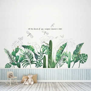 Nordic green plant wall stickers with cactus leaves and love quote for living room decor