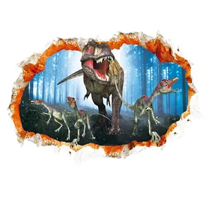3D wall sticker featuring realistic T-Rex and Velociraptors breaking through a wall
