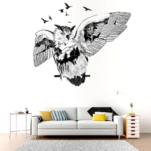 Artistic owl silhouette wall sticker with dual exposure forest and mountain design scenery