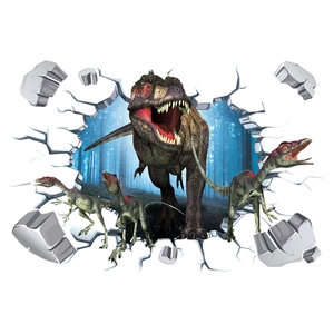3D broken wall dinosaur sticker featuring T-Rex and raptors for room wall decor