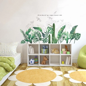 Nordic tropical green leaf wall decals with monstera cactus and love quote for home decor