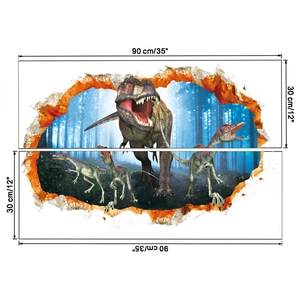 Detail view of 3D dinosaur wall sticker set showing 30x90 cm dimensions and T-Rex graphics