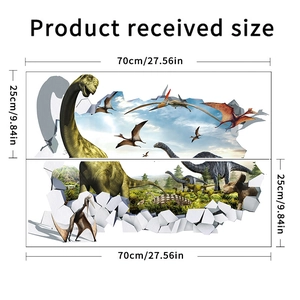 Detailed dimensions of 3D dinosaur wall stickers showing two sheets of 70x25cm size