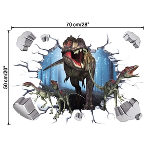 Detail showing 3D dinosaur wall sticker dimensions 70x50cm with T-Rex breaking through wall