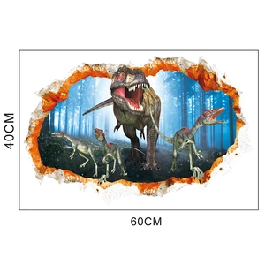 Detail view of 3D dinosaur wall sticker featuring T-Rex and raptors measuring 40x60cm