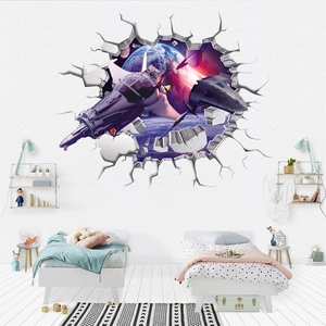 Sticker mural 3D espace avec vaisseaux et Terre pour déco chambre d'enfants