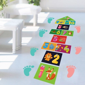 Colorful animal hopscotch wall stickers for kids room with cartoon numbers and footprints