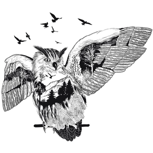 Artistic owl silhouette wall sticker with forest and mountain double exposure landscape