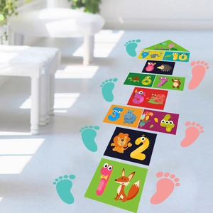 Detail of colorful animal hopscotch wall stickers with numbers 1 to 10 for kids rooms