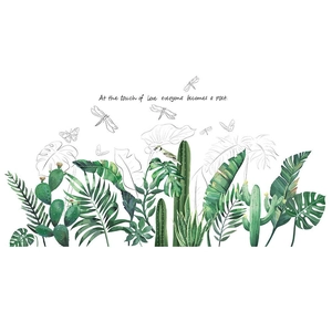 Self-adhesive tropical green leaf wall stickers with inspirational quote on white background