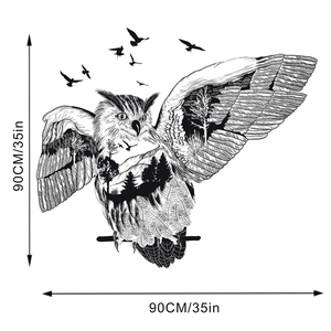 Detailed size specifications for the owl wall sticker featuring forest scenery and mountains