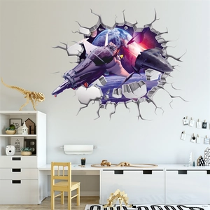 Sticker mural 3D détaillé avec vaisseau spatial et planète pour chambre d'enfant