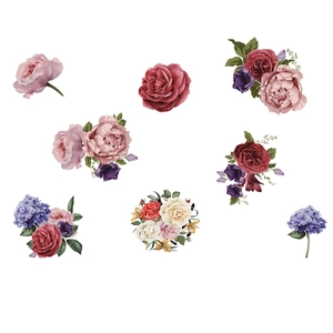 Pegatinas de pared de peonías y rosas pintadas a mano en rosa vintage y violeta para el salón