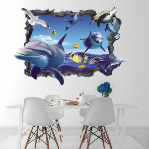 Sticker mural 3D océan avec dauphins et tortue marine, effet visuel de mur brisé