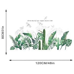 Detailed size chart for tropical leaf wall stickers featuring cactus and palm leaf designs