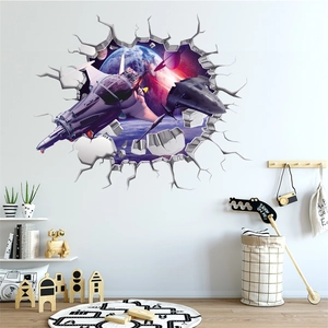 Sticker mural 3D avec vaisseau spatial violet réaliste et planète pour chambre d'enfant
