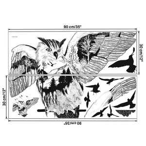 Detailed size layout for forest owl and bird silhouette wall decals set KS6792