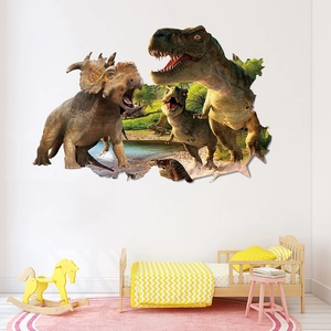 3D-Dinosaurier Wandtattoo mit T-Rex und Triceratops Durchbruch-Effekt für Kinderzimmer