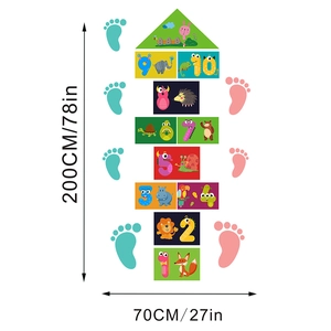 Detailed view of colorful PVC hopscotch floor stickers with animal motifs and 1-10 numbers