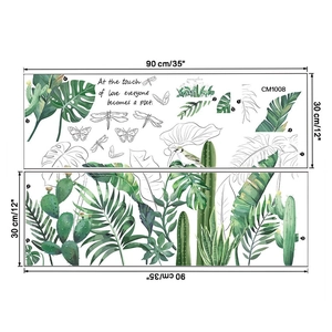 Tropical monstera and palm leaves wall decals with butterfly and poetry detail