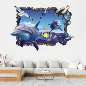 Sticker mural 3D monde océanique avec dauphins et tortues pour décor de salon
