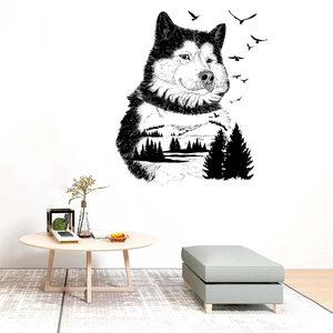 Artistic husky silhouette wall decal featuring mountain and forest landscape design