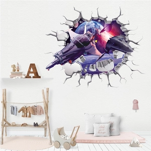 Sticker mural 3D vaisseau spatial avec planètes et nébuleuse pour chambre d'enfant