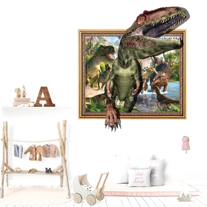 3D Wandtattoo-Detail mit T-Rex, der durch den Rahmen bricht, für Kinderzimmer