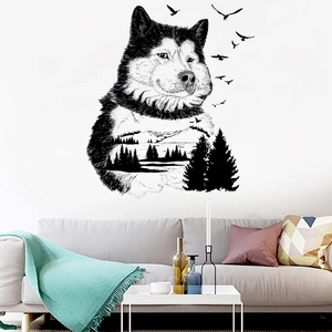 Artistic husky wolf silhouette wall sticker with forest mountain landscape detail