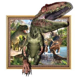 Makro-Detail von 3D-Dinosaurier-Wandaufkleber mit T-Rex, der aus dem Rahmen bricht