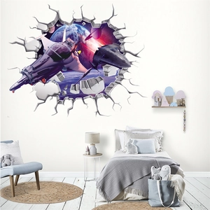 Sticker mural 3D moderne de vaisseau spatial dans un décor de chambre minimaliste
