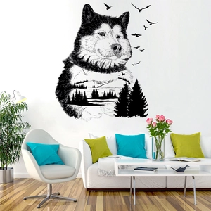 Artistic husky silhouette wall decal featuring mountains and forest in modern living room