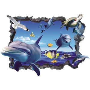 Sticker mural 3D fenêtre océan avec dauphins et tortue de mer à effet réaliste