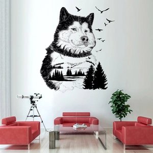 Modern husky silhouette wall sticker with double exposure forest and mountain landscape