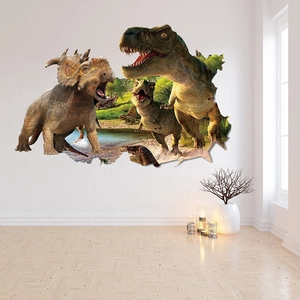 3D-Dinosaurier-Wandaufkleber-Detail mit T-Rex, der durch eine weiße Zimmerwand bricht