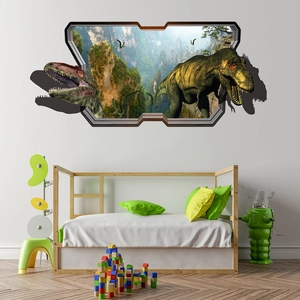 Detail eines 3D Dinosaurier Wandtattoos mit T-Rex Rahmen für die Kinderzimmer Deko
