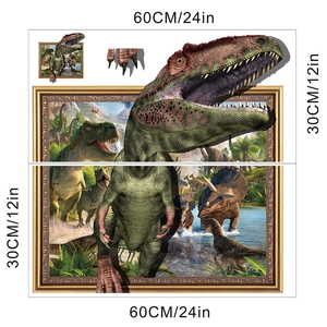 3D-Wandaufkleber mit Dinosaurier, der einen goldenen Rahmen im Wald durchbricht