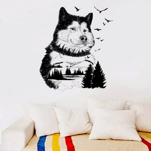 Artistic husky dog silhouette wall sticker with forest mountain scene and bird decals