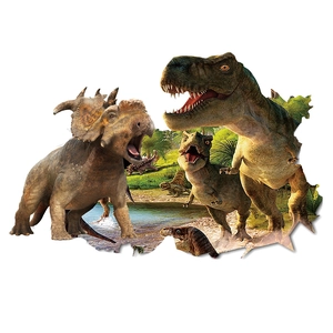 3D Wandtattoo mit Mauerdurchbruch-Effekt und verschiedenen Dinosauriern im Dschungel