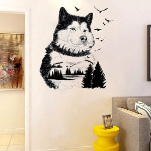 Artistic husky silhouette wall sticker with forest landscape in a modern living room