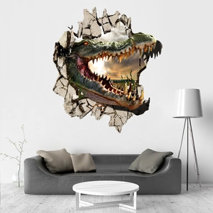 3D Wandtattoo-Detail mit realistischem Krokodil, das durch weiße Wohnzimmerwand bricht