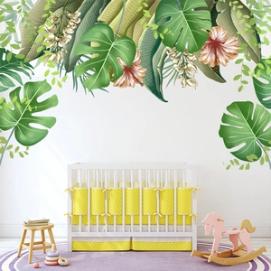 Tropical Green Leaves Wall Stickers Monstera Palm Hibiscus Floral Waterproof PVC Removable DIY Home Decor Wallpaper Decal