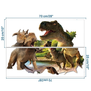 Detailliertes 3D-Dinosaurier Wandtattoo mit T-Rex und Triceratops inklusive Maßen