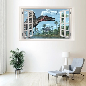 3D dinosaur wall sticker with fake window frame effect for kids room home decoration