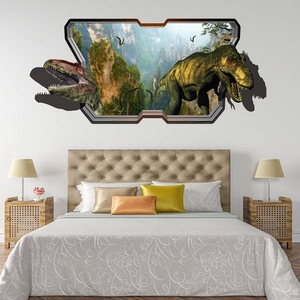 3D-Dinosaurier-Wandaufkleber-Detail mit realistischem T-Rex und Dschungelhintergrund